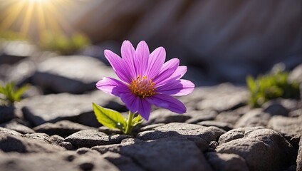 A purple flower is growing out of a crack in a rock.

