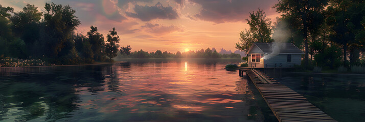 Serenity Amid Nature: A Cozy Cabin by the Sunset-Lit Lake - obrazy, fototapety, plakaty