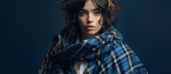 An elegant woman wearing a stylish plaid scarf on her head poses gracefully with a vibrant blue background