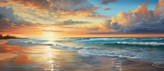 Fototapeta premium Vivid artwork depicting a serene sunset scene above the tranquil ocean, adorned with fluffy clouds