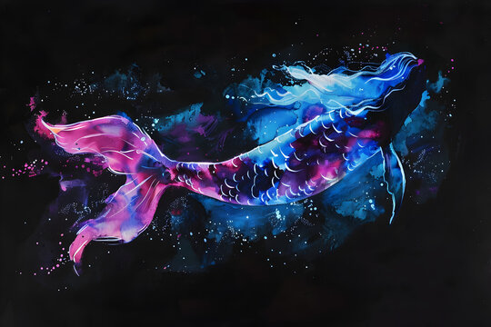 Neon watercolor painting of a swimming mermaid isotated on black background.