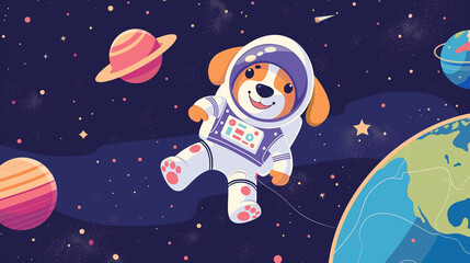 astronaut puppy dog fly in space galaxy in suit with view of rocket, earth planet, star behind as funny animal dog fantasy universe and science vector background