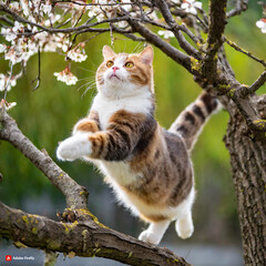 Naklejka na ściany i meble 귀여운 고양이가  나무 가지위에서  재롱  부리는 모습