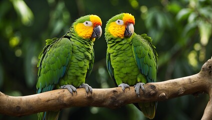 Two parrots are sitting on a branch
