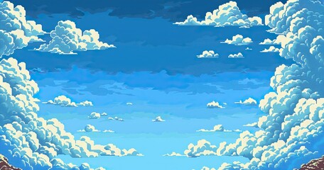 Fototapeta na wymiar video game blue sky, pixel art, 16 bit, clouds background sheet, sky with clouds, 8 bit, design retro, sky 2d gam,e background, big pixel, no details