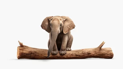 Raamstickers Elephant sitting on wooden log isolated on white background. © Alpa