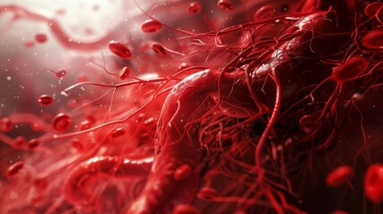 A 3D representation of the cardiovascular system with red cells flowing through arteries and s. The intricate network of vessels is