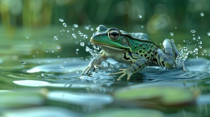 Frog Leaping from Lily Pad, Capture the dynamic movement of a frog as it leaps from one lily pad to another, showcasing its agility and grace in the water - Powered by Adobe