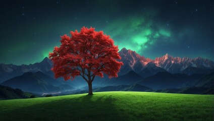 A single red tree stands in a grassy field with mountains in the distance and an aurora in the sky.

 - obrazy, fototapety, plakaty