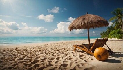 Tropical beach concept made of coconut fruit and sun umbrella