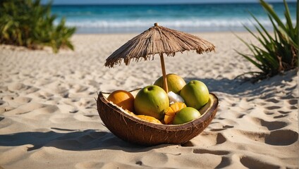 Tropical beach concept made of coconut fruit and sun umbrella