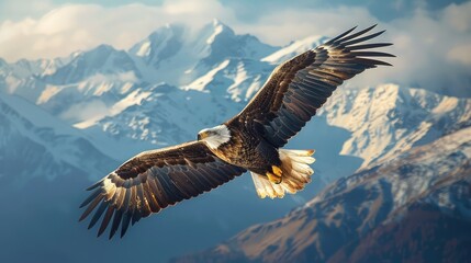 Eagle Soaring in the Sky, Photograph an eagle soaring high above the mountains, wings outstretched against the vast expanse of the sky