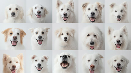 happy dog and puppy with front portrait on white background with many species of dog, animal, and pet concept