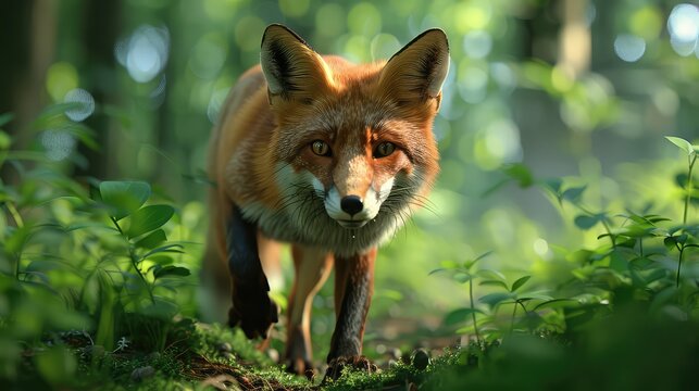 Fox Prowling Through Forest, Capture the stealthy movements of a fox as it prowls through the forest, its eyes focused and ears alert