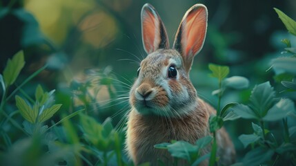 Fototapeta premium Rabbit Innocent , Photograph a rabbit with its ears perked up, portraying its curious and innocent demeanor as it explores its environment