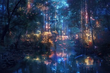 Enchanting forest scene with twinkling lights and floating fish, creating a mystical ambiance of fantasy and magic - obrazy, fototapety, plakaty