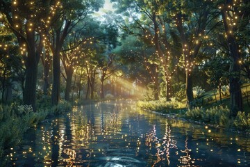 Enchanting forest scene with twinkling lights and floating fish, creating a mystical ambiance of fantasy and magic