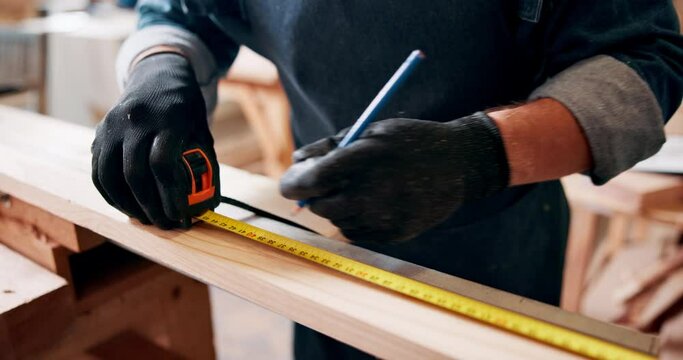 Carpenter, measuring tape and hands with pencil, safety gloves and designer furniture or manufacturing workshop. Creativity, warehouse and professional man at work with pen for development and style