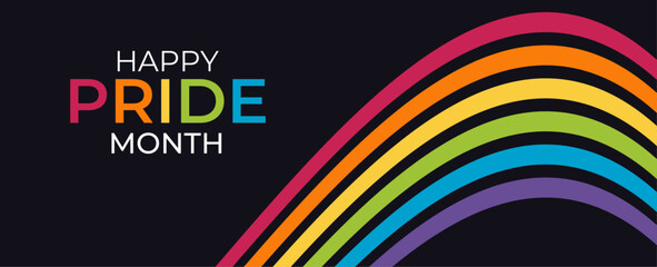 Happy pride month paper text and rainbow gradient brush strokes on black background. Human rights or diversity concept. LGBT event banner design. banner, poster, campaigns, USA. Vector illustration