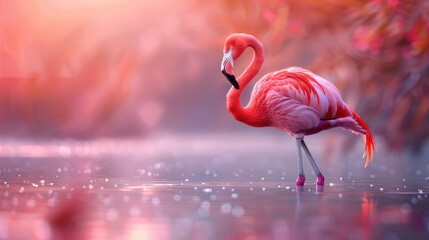 Flamingo's Graceful Pose, Freeze a flamingo in its iconic one-legged pose, standing tall in shallow water against a backdrop of pink hues