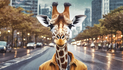 Curious giraffe exploring the urban environment in the rain	