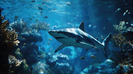 Fototapeta premium Shark Gliding Through Deep Waters, Photograph a shark in its natural habitat, gliding effortlessly through the deep blue sea, exuding both beauty and power
