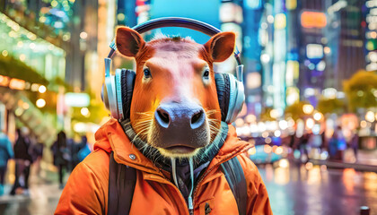 Cool cow with headphones in urban setting amidst neon lights	