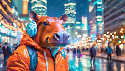 Trendy cow with headphones on neon-lit city street	