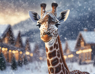 Majestic Giraffe in a Snow-Covered Hamlet at Dusk	