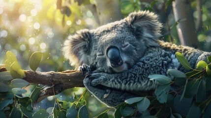 Fototapeta premium Koala Cuddling a Eucalyptus Branch, Highlight the adorable nature of koalas by capturing one snuggled up to a eucalyptus branch, its favorite food source