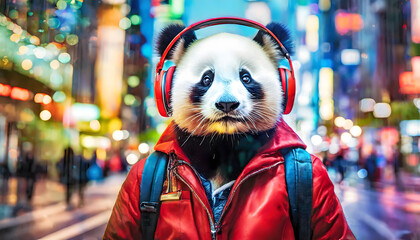 Fashion-forward panda with headphones on city streets	