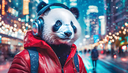 Charming panda in a red jacket enjoying music in the city night	