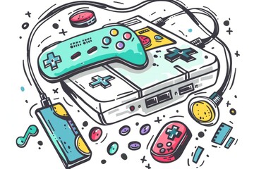 Cartoon cute doodles of a nostalgic gaming console with colorful controllers and cartridges, Generative AI