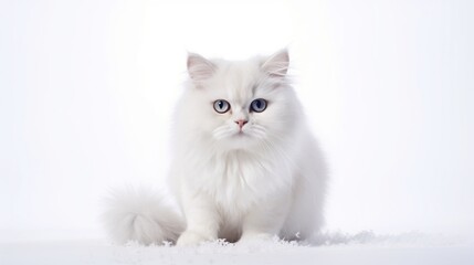 Cute white cat shitting on the floor isolated on white background.