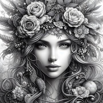 Intricately detailed digital art woman with flower head and crown.