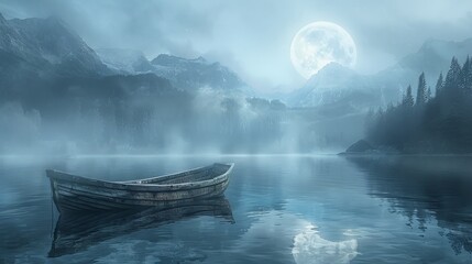 Tranquil Night Scene with a Wooden Boat on a Misty Lake Under Moonlight - obrazy, fototapety, plakaty