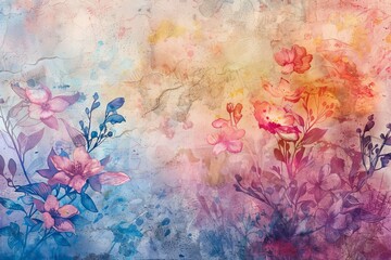 Colorful abstract watercolor painting with floral elements and paper texture
