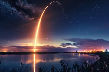 Naklejka na ściany i meble Majestic night view of a space shuttle launch from Earth, the planet's spaceport