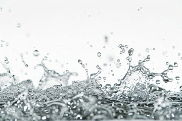Dynamic water splashes and droplets isolated on white, abstract liquid background