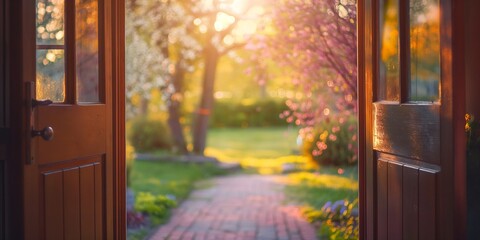 Open wooden doors to spring green yard, concept of spring in the air, with copy space, spring plants wooden door backgrounds.