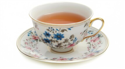 English teacup with saucer isolated on white background, White porcelain cup and saucer with English tea in on a white background