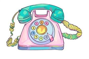 Cartoon cute doodles of a retro rotary phone with colorful buttons and a coiled cord, Generative AI
