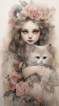 Watercolor whispers of a Ragdoll in Victorian attire, with flowers blending softly behind