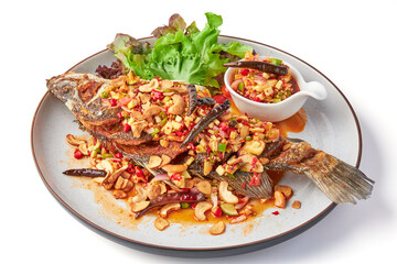 Deep fried fish with Thai spicy mixed herbs salad served with dipping sauce (sliced chili, lime, cashew nut, ginger, shallot) and fresh organic salad on plate isolated in white background