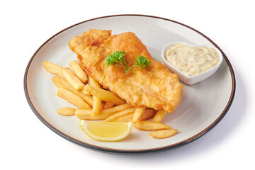 fish and chips served with french fries and tartar sauce with sliced lemon on plate isolated on...