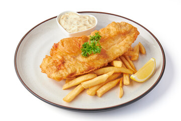 fish and chips served with french fries and tartar sauce with sliced lemon on plate isolated on white background.