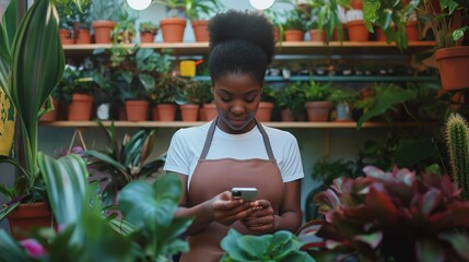 Entrepreneurial Moment, Young Black Woman, Owner of a Plant Shop, Engrossed in Her Phone While at Work
