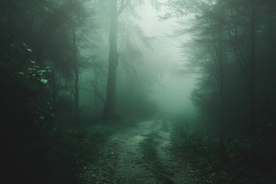 Enchanting dark green forest path shrouded in fog, magical fantasy landscape