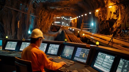 Mining Control Room: Engineer Monitoring Operations and Ensuring Safety