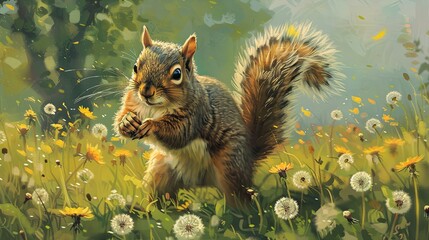 A cheerful squirrel scampering across a meadow dotted with dandelions, the texture of its fur captured in soft brushwork. Emphasize an impressionistic style